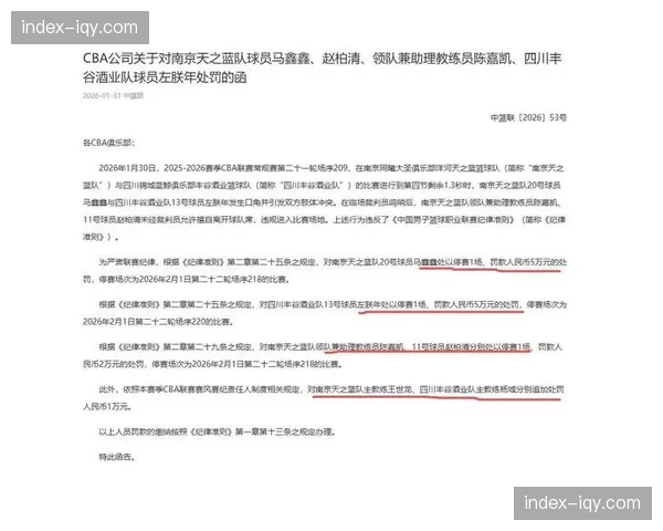 CBA联盟公布处罚通知，山西队球员贾昊因违反赛场纪律被停赛1场罚款5万